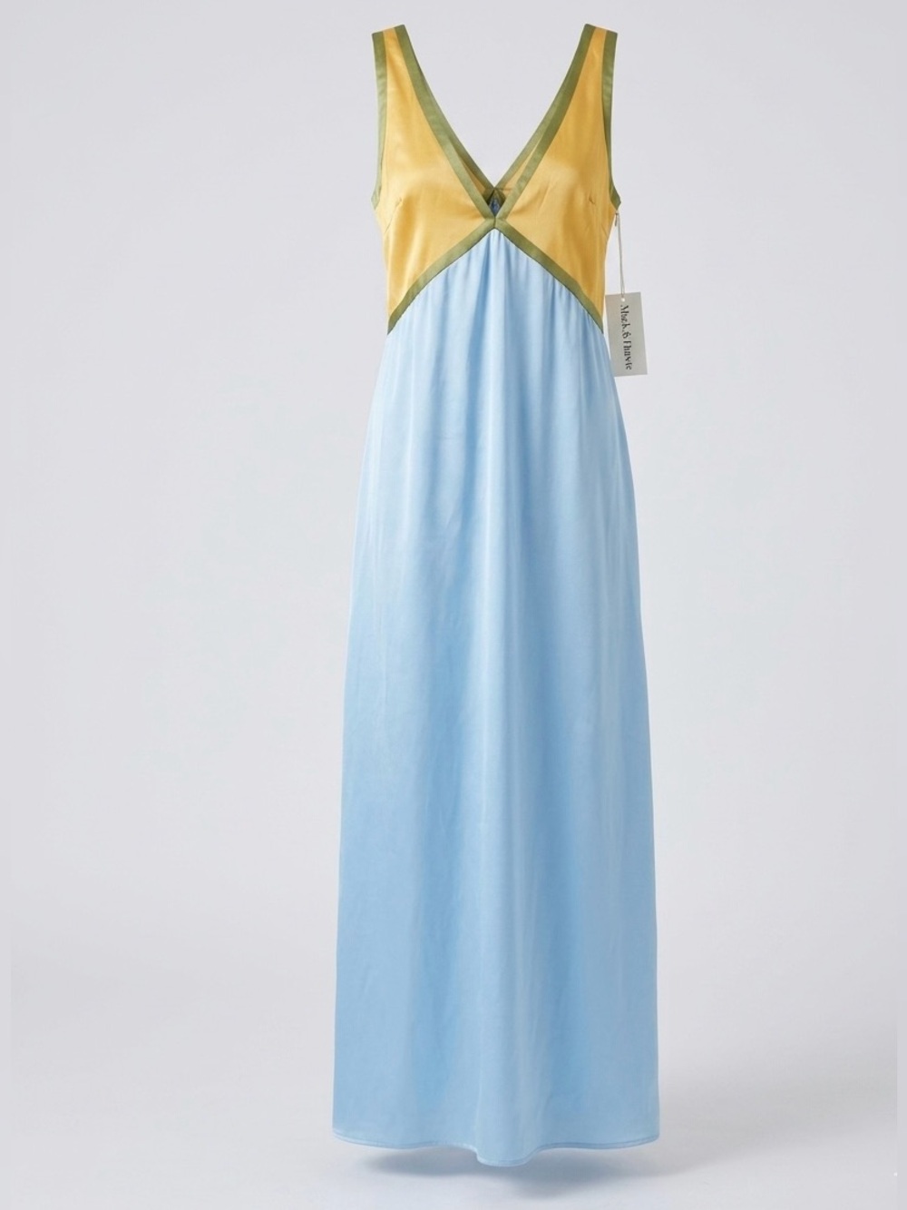 NWT• Mack & Harvie Pastel Colorblock Satin Slip Maxi Dress Blue Yellow L Flawed